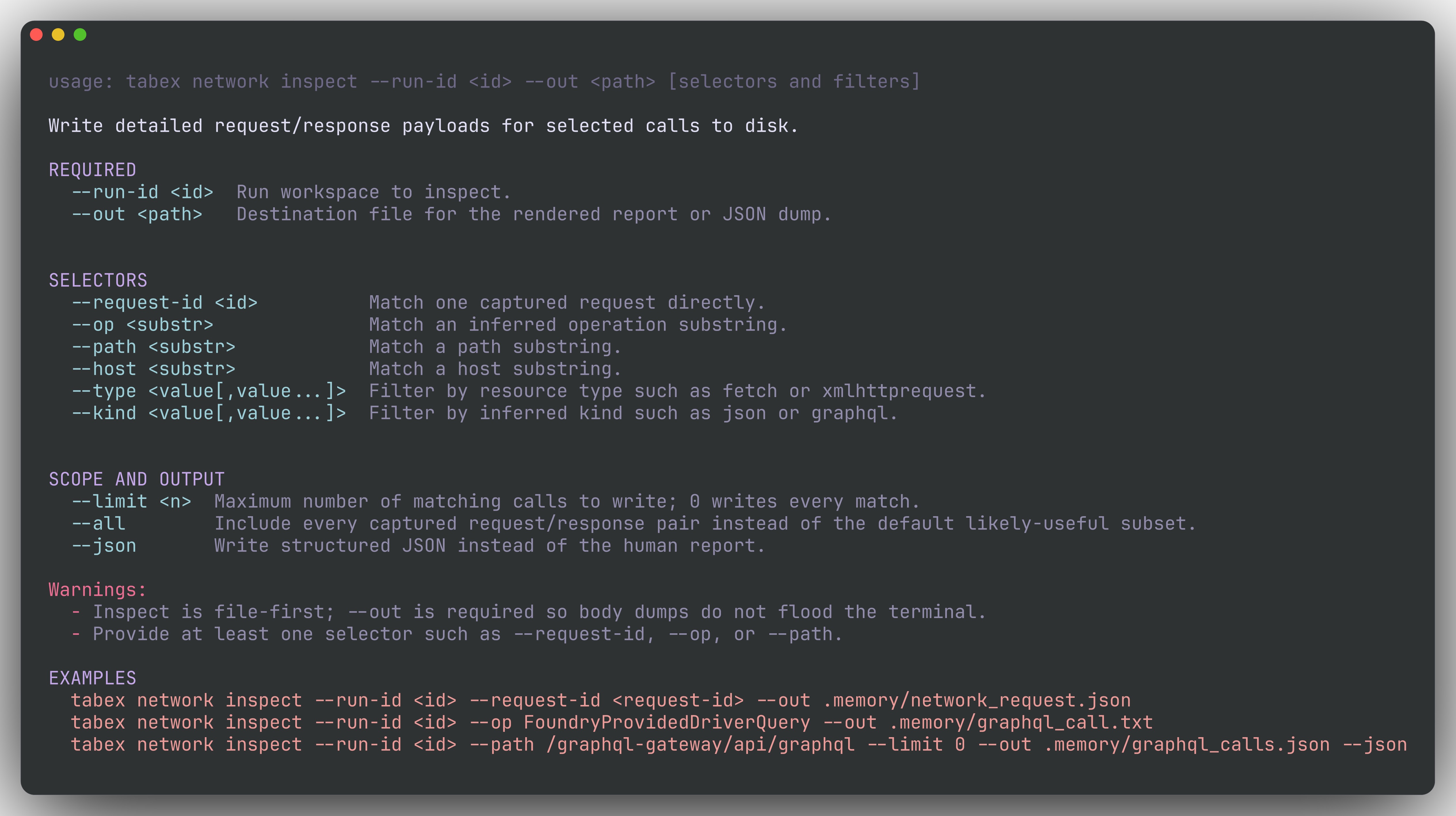 tabex network inspect help output