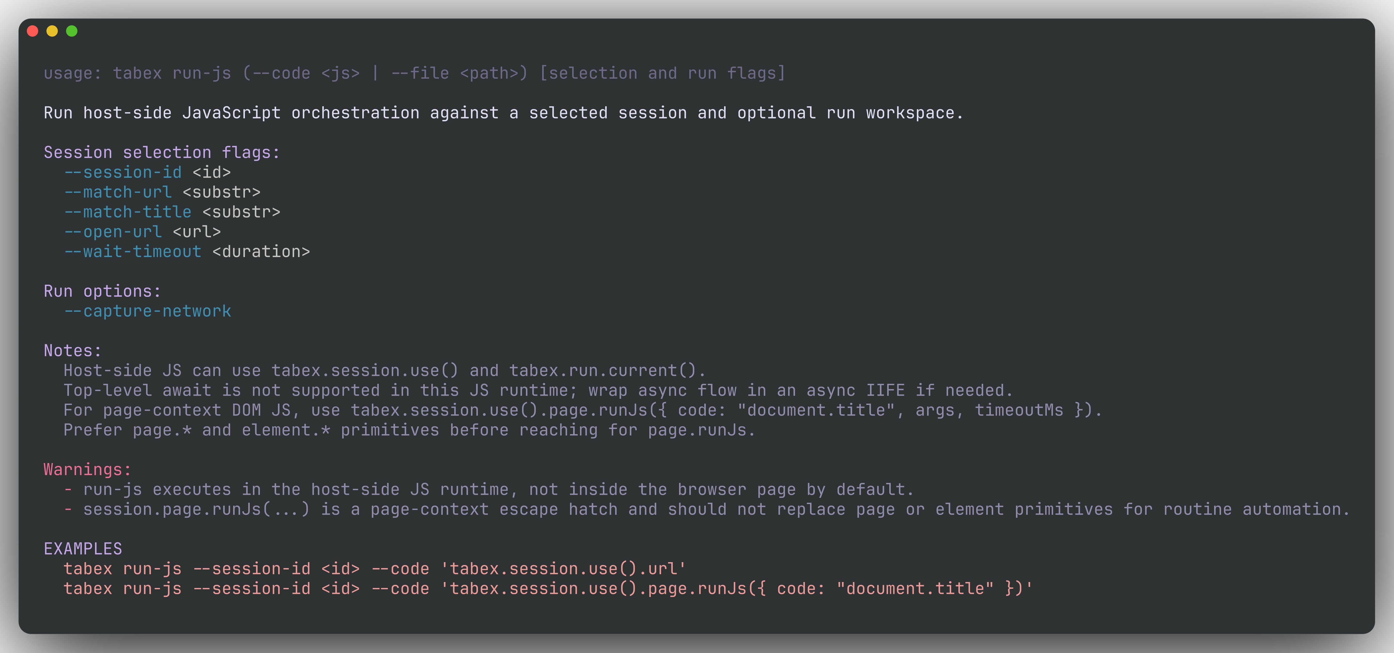 tabex run-js help output